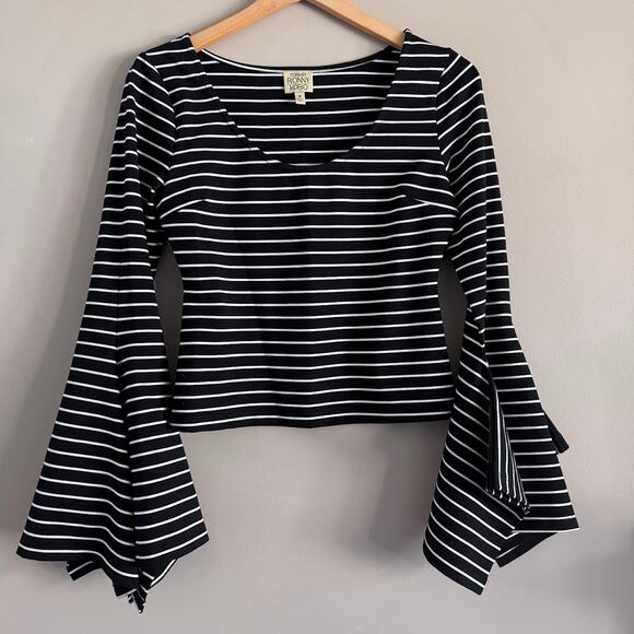 Torn By Ronny Kobo Black and White Striped Bell Sleeve Top Size Medium - Picture 1 of 5